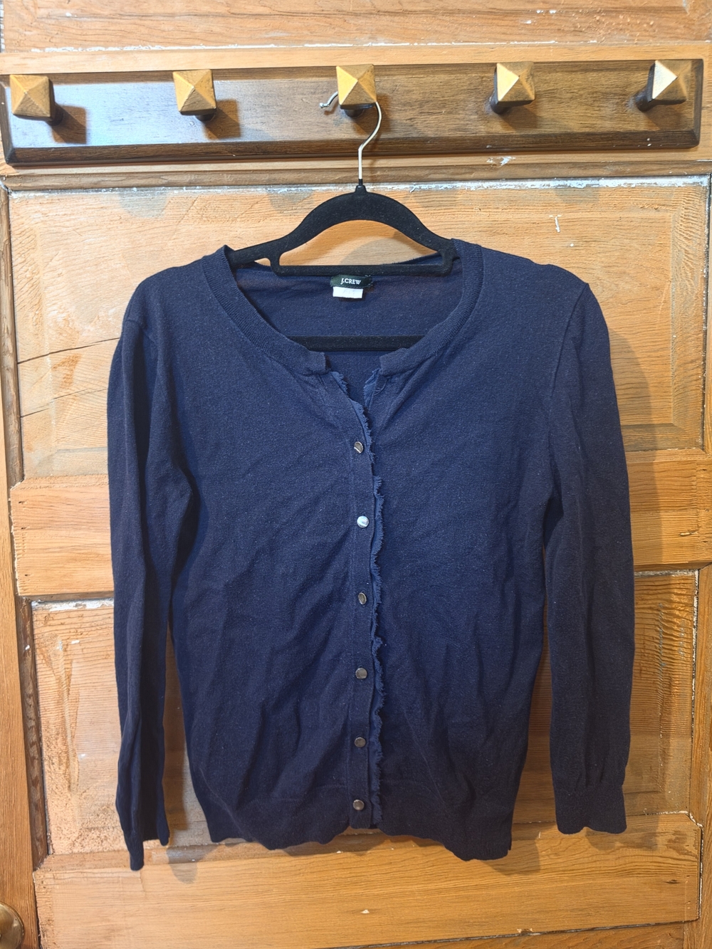 J. Crew Navy Raw Silk Ruffle-Trim Crew Cardigan